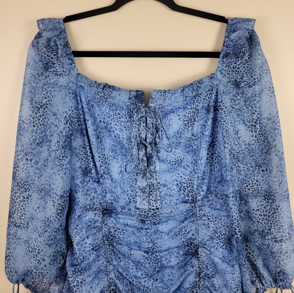 Lioness Feng Shui Print Lace Front Cinched Long Sleeve Blue Mini Dress - Picture 9 of 16